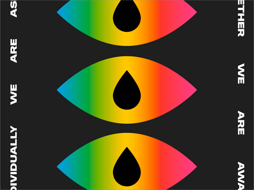 Multicolored gradient eyes in front of a black background