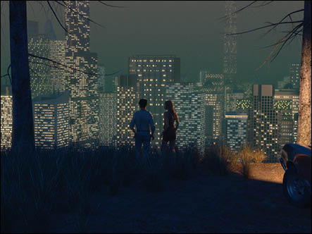 Two silhouetted figures overlooking a city at night